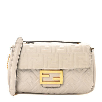 FENDI Nappa Small FF Embossed Midi Chain Baguette Ghiaia