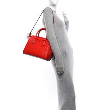 GIVENCHY Calfskin Crocodile Embossed Small Antigona Red