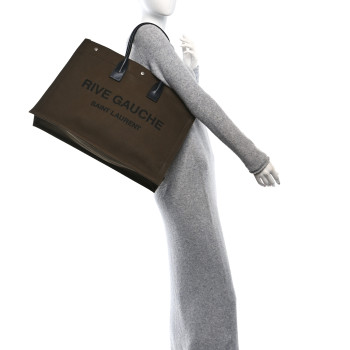 SAINT LAURENT Linen Calfskin Rive Gauche Tote Khaki