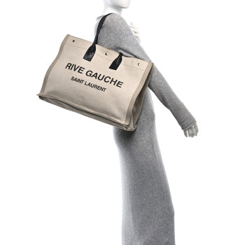 SAINT LAURENT Linen Calfskin Rive Gauche Tote Optic White