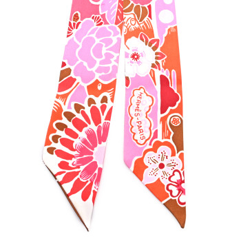HERMES Silk Bingata Twilly Fuchsia Corail Brun