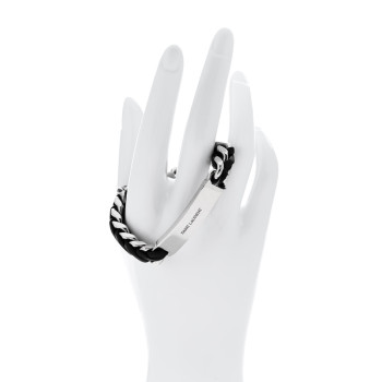 SAINT LAURENT Metal Leather Curb Chain Bracelet Oxidized Silver Black