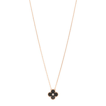 VAN CLEEF & ARPELS 18K Rose Gold Diamond Silver Obsidian Vintage Alhambra Pendant Necklace
