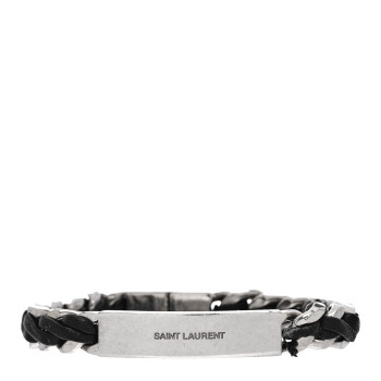 SAINT LAURENT Metal Leather Curb Chain Bracelet Oxidized Silver Black