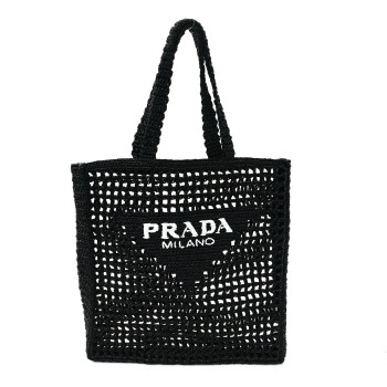 PRADA Yarn Raffia Effect Crochet Logo Embroidered Tote Bag Black