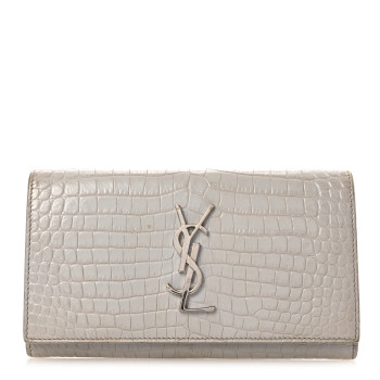 SAINT LAURENT Calfskin Crocodile Embossed Monogram Flap Wallet Mouse Gray