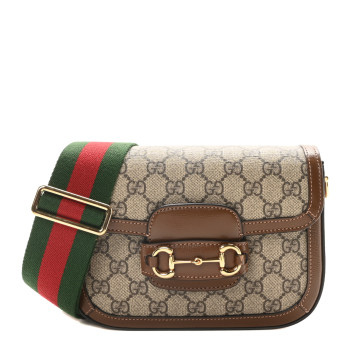 GUCCI GG Supreme Monogram Azalea Calfskin Web Mini Horsebit 1955 Shoulder Bag Beige Ebony Brown Sugar
