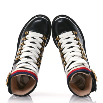 GUCCI Calfskin Sylvie Web Womens Lace Up Combat Boots 35 Black