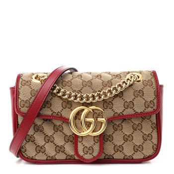 GUCCI Monogram Azalea Calfskin Matelasse Diagonal Mini GG Marmont Shoulder Bag Beige Ebony New Cherry Red