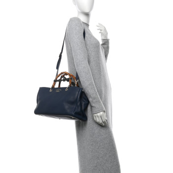 GUCCI Pebbled Calfskin Medium Bamboo Shopper Tote Navy