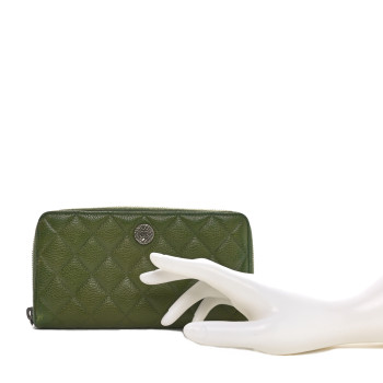 CHANEL Caviar Quilted CC Medallion Large Gusset Zip Around Wallet Light Green