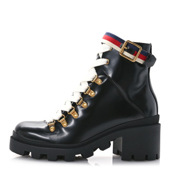 GUCCI Calfskin Sylvie Web Womens Lace Up Combat Boots 35 Black