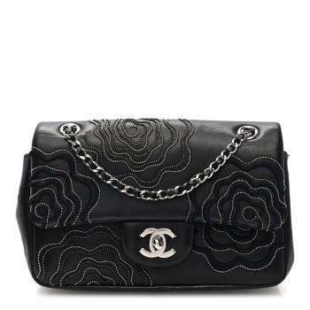 CHANEL Lambskin Embroidered Camellia Follies Flap Black