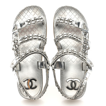 CHANEL Metallic Laminated Goatskin Chain Flat Sandals 39 Silver