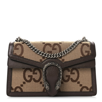 GUCCI Monogram Jumbo GG Textured Dollar Calfskin Small Dionysus Shoulder Bag Camel Ebony New Acero