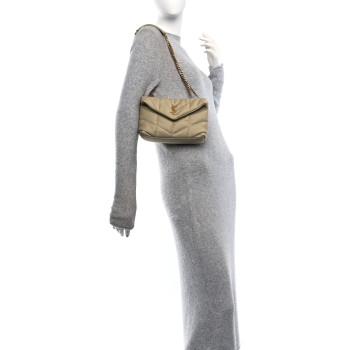 SAINT LAURENT Canvas Quilted Toy Loulou Puffer Monogram Chain Satchel Cool Beige