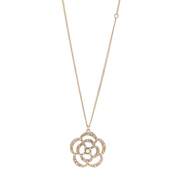CHANEL Pearl Crystal Large Camellia Pendant Necklace Light Gold