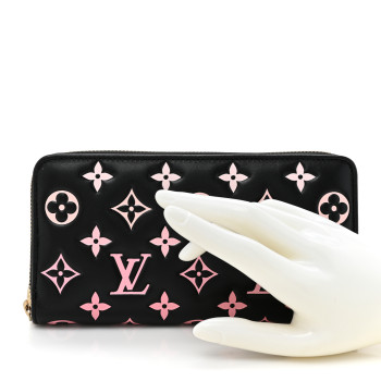 LOUIS VUITTON Lambskin Embossed Monogram LV Ski Coussin Zippy Wallet Black Pink