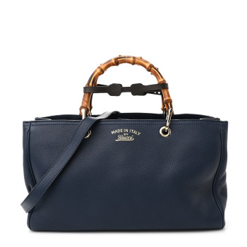 GUCCI Pebbled Calfskin Medium Bamboo Shopper Tote Navy