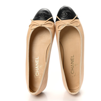 CHANEL Lambskin Cap Toe CC Ballerina Flats 38 Beige Black