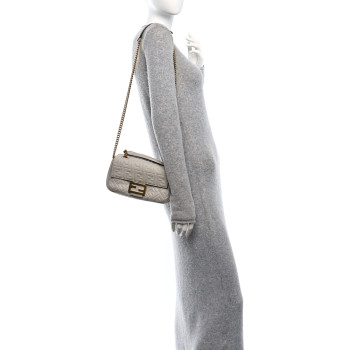 FENDI Nappa Small FF Embossed Midi Chain Baguette Ghiaia
