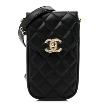 CHANEL Lambskin Quilted Phone Clutch With Chain Black