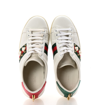 GUCCI Calfskin Web Pearl Studded Womens Ace Sneakers 38 White