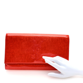 SAINT LAURENT Textured Patent Monogram Large Belle De Jour Clutch Orange