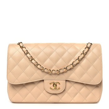 CHANEL Caviar Quilted Jumbo Double Flap Beige