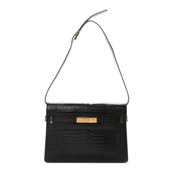 SAINT LAURENT Shiny Calfskin Crocodile Embossed Manhattan Baguette Black