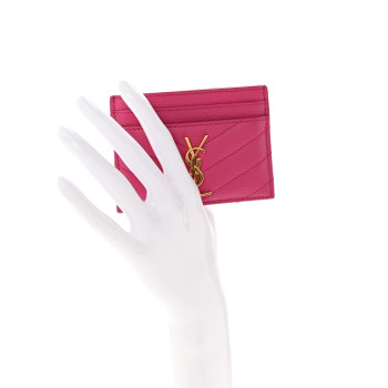 SAINT LAURENT Grain De Poudre Matelasse Chevron Monogram Credit Card Case Fuxia Couture