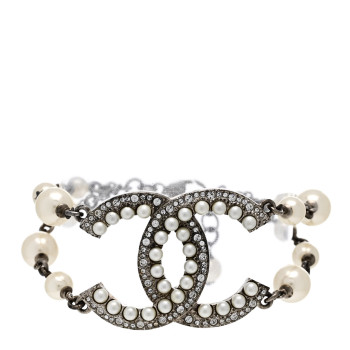 CHANEL Pearl Crystal CC Bracelet Silver