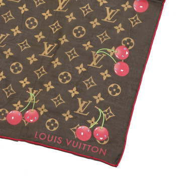 LOUIS VUITTON LV X TM Silk Cotton Monogram Cerises Square Scarf 55 Brown