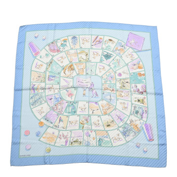 HERMES Silk Plisse Le Jeu des Petits Bonheur Scarf 90 Ciel Veronese Bleu Pale