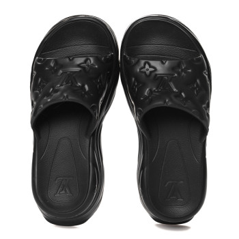 LOUIS VUITTON Rubber Embossed Monogram Pool 55 Flat Comfort Mule 37 Black