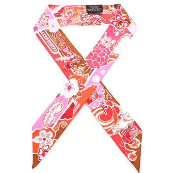 HERMES Silk Bingata Twilly Fuchsia Corail Brun