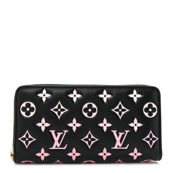 LOUIS VUITTON Lambskin Embossed Monogram LV Ski Coussin Zippy Wallet Black Pink