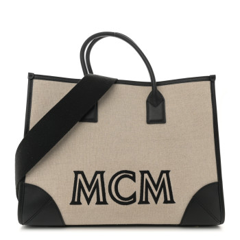 MCM Calfskin Linen Large Munchen Tote Black