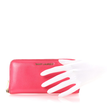 SAINT LAURENT Patent Grain De Poudre Classic Letters Zip Around Wallet Bubblegum