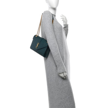 SAINT LAURENT Grain De Poudre Textured Mixed Matelasse Triquilt Medium Monogram Satchel Sea Turquoise