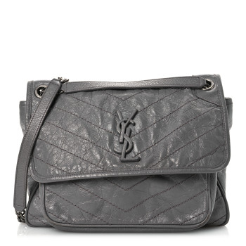 SAINT LAURENT Crinkled Calfskin Matelasse Monogram Medium Niki Chain Satchel Fog