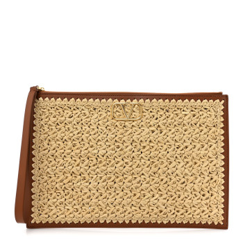 VALENTINO GARAVANI Raffia Calfskin Vlogo Signature Zip Pouch Naturale Brown