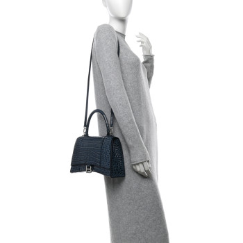 BALENCIAGA Shiny Calfskin Crocodile Embossed Medium Hourglass Top Handle Bag Denim Blue