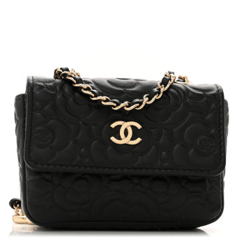 CHANEL Lambskin Camellia Embossed Chain Belt Bag Black