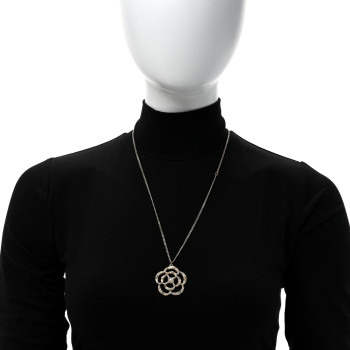 CHANEL Pearl Crystal Large Camellia Pendant Necklace Light Gold