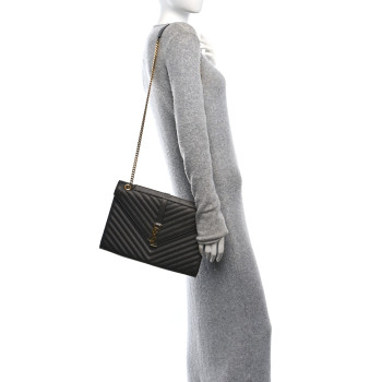 SAINT LAURENT Grain De Poudre Matelasse Chevron Large Monogram Satchel Earth