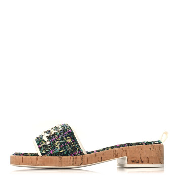 CHANEL Tweed Cork CC Chain Mule Sandal 36.5 Green Multicolor