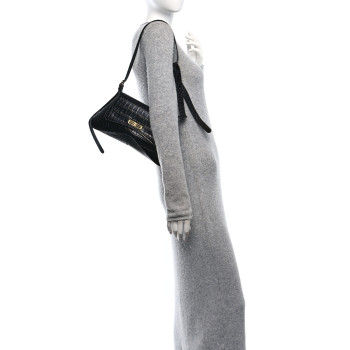BALENCIAGA Shiny Super Supple Calfskin Crocodile Embossed Medium XX Flap Bag Black