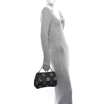 CHANEL Canvas Quilted Letter Printed Flap Black