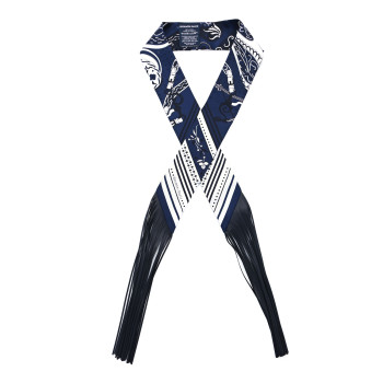 HERMES Silk Festival Des Amazones Bandana Fringed Twilly Bleu Black